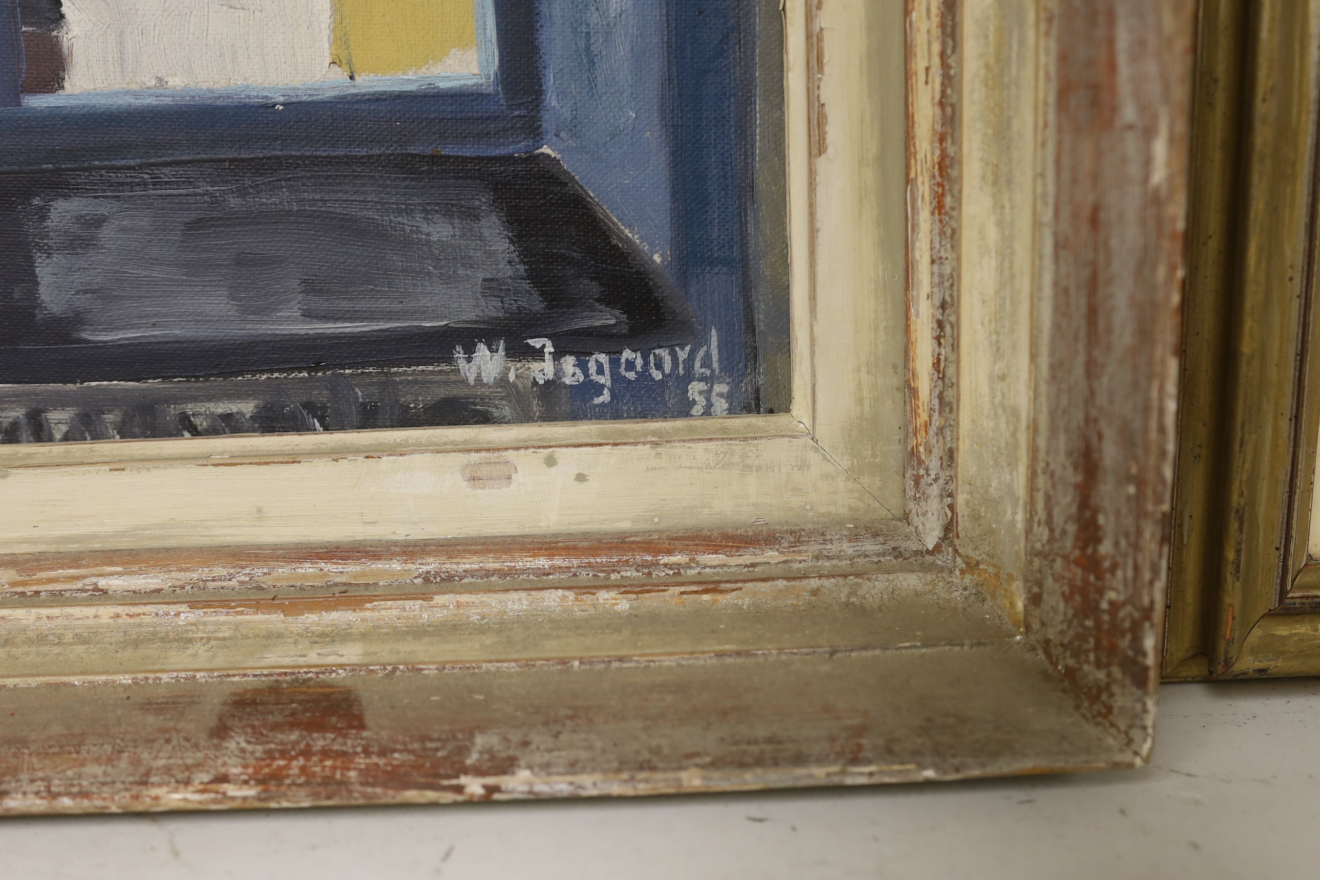 Wadsgoord, oil on board, Winter roof tops view from a window, signed and dated ‘55, 51 x 32cm